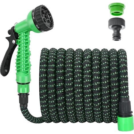 15m (50ft) expandable anti-twist garden hose with 7 functions, spray gun and universal 1/2" and 3/4" adapter for lawn and car washing. (1/5)