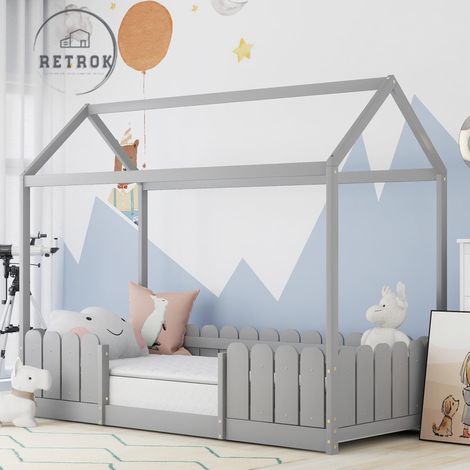Lit maison pour enfants 90x200cm - Bois polyvalent avec protection contre les chutes, sommier à lattes - Gris (1/5)