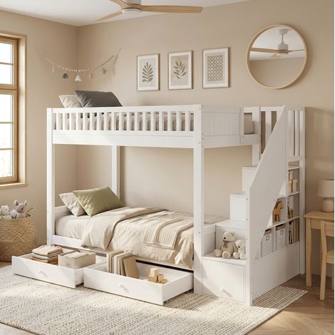 Kinder-Etagenbett 90 x 200 cm mit Stauraumtreppe und 2 Schubladen, Weiß OKMYHOME (1/5)