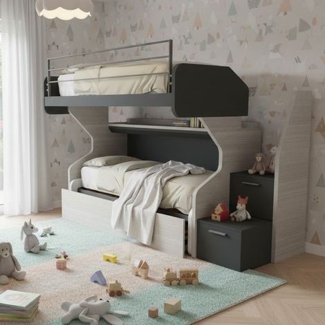 Letto a castello scorrevole con letto estraibile - La soluzione 3 in 1 per la cameretta - Rovere rock (1/5)