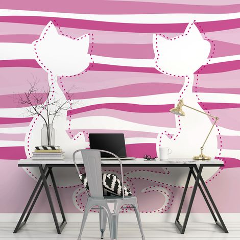 Papier peint intissé XXL pour chambre enfant, chat amoureux, 270 cm X 250 cm, déco stylisée. (1/3)