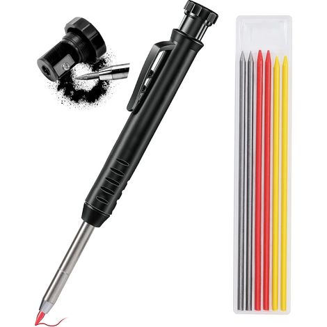 Crayon chantier-Crayon de charpentier avec 7 Recharges, solide et extensible menuisier taille-crayon intégré, outils marquage porte-mines pour Verre, Céramique, Bois ,noir
