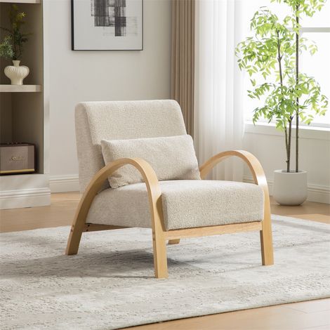 Fauteuil Lounge Scandinave - 82x70x83.5 cm - Tissu Chenille Doux & Pieds en Bois Massif - Design Moderne Sans Accoudoirs - Beige (1/5)
