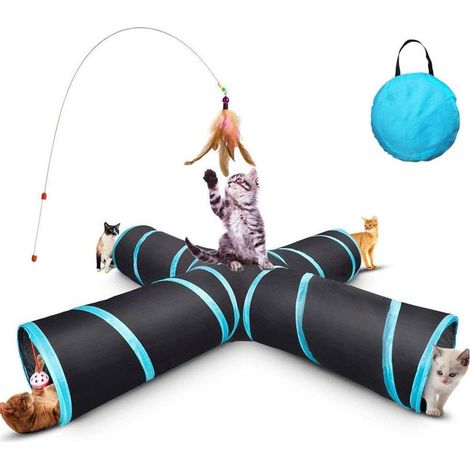 Tunnel pour chat en forme de croix à 4 voies pliable et interactif avec jouet suspendu et trou de jeu (1/5)