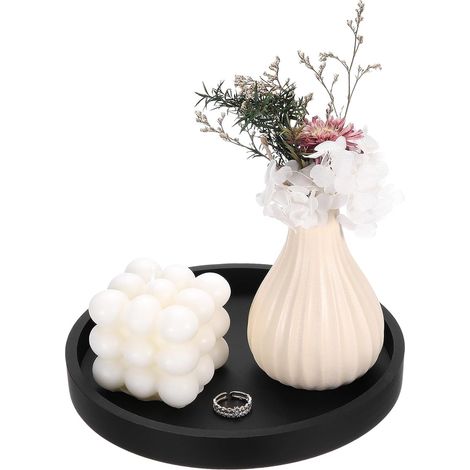 Plateau De Salle De Bain en Silicone, 18 cm De Diamètre Plateau Rond pour Coiffeuse, Toilette, Petit Plateau pour Distributeur De Savon Flacons De Lotion Parfum Bijoux Bougie, Noir'-'-