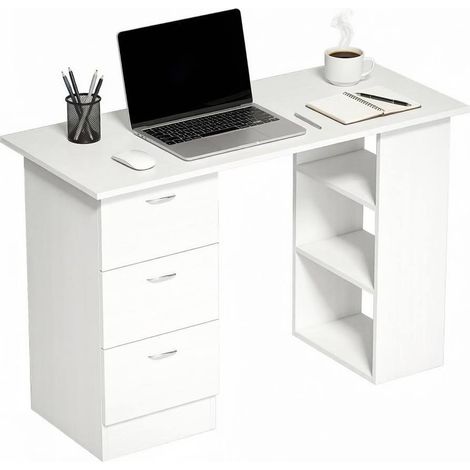 Bureau informatique blanc en MDF avec 3 tiroirs, 3 étagères ouvertes réversibles, plateau 120 cm, idéal pour chambre ou bureau, gain de place, - CHICFURN (1/5)