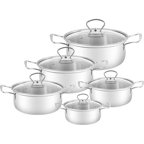 Ensemble de 10 casseroles,acier inoxydable,couvercles en verre,fond aluminium,conduction rapide,plaques électriques gaz vitrocéramiques (1/5)