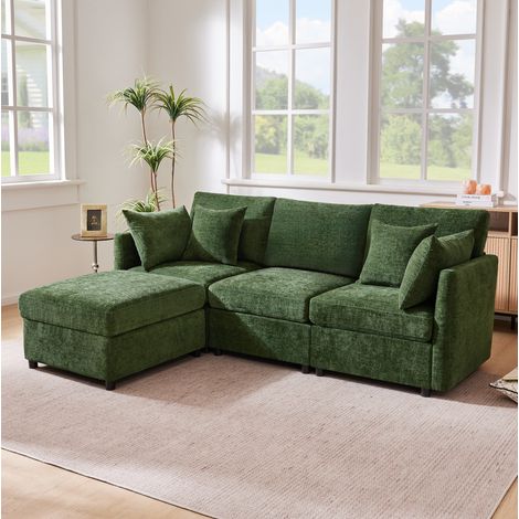 Divano angolare modulare 216x161x81 cm verde in ciniglia con pouf mobile e 4 cuscini (1/5)