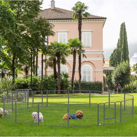 Parque para cachorros de acero, 60 cm, 16 paneles, 2 puertas, gris OKMYHOME (1/5)