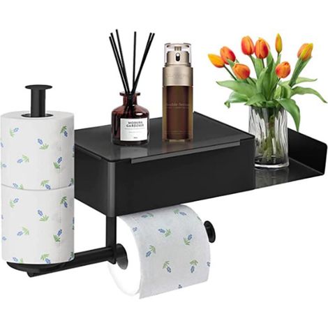 Porte Papier Toilette, Toilette Mural sans Perçage avec Étagères et Boîte à Lingettes Humides, Support 2 Rouleau (1/5)