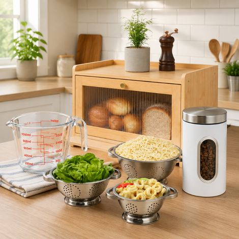 Set da cucina in bambù per il pane (4 pezzi) – Contenitore per il pane, set di 3 colini, brocca in vetro e barattolo per alimenti (1/5)