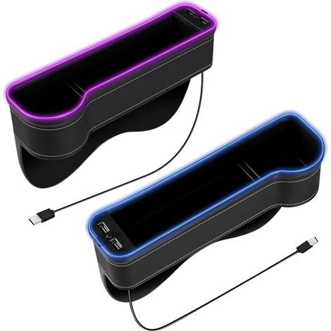 Coffre de rangement pour console centrale de voiture, 2 pièces, organiseur pour siège auto avec porte-gobelet, port USB et éclairage LED, organiseur en cuir pour siège passager (1/5)