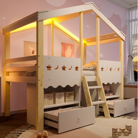 MEUBLIV Cama semialta 90x200 cm blanca y natural con LED y almacenaje, sin colchón (1/5)