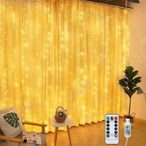Rideaux lumineux 300 LED - Blanc chaud, 3m3m, 8 modes d&39clairage graduables, tanchit IP65, avec minuterie et tlcommande pour les dcorations d&39anniver (1/5)