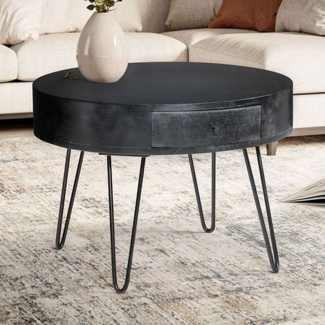 Table basse ronde avec tiroir 60x60x43 cm en manguier massif noir