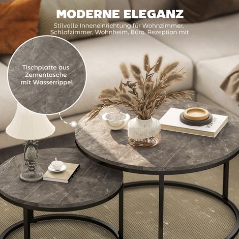 Lot de 2 tables basses rondes gigognes, piètement métallique, finition marbre gris, design empilable.