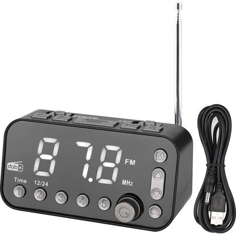 Radio Réveil DAB FM - Écran LED Grand Format - Fonction Réveil Double - Chargeur USB Double - Antenne Pigtail - 130 x 55 x 65 mm - Noir (1/5)