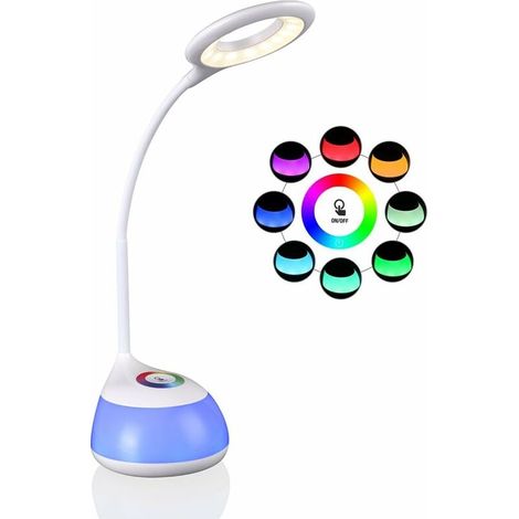 Kids Desk Lamp with Adjustable Colored Light, 3 Brightness Levels (Reading, Study, Relaxation), Flexible Arm, Touch Screen, USB Port, Modern Table Lamp (White) (1/5)