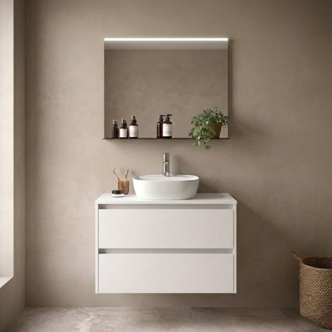 Mobile Bagno Sospeso 80 cm con 2 Cassetti e lavabo appoggio Bianco Satinato – Linea