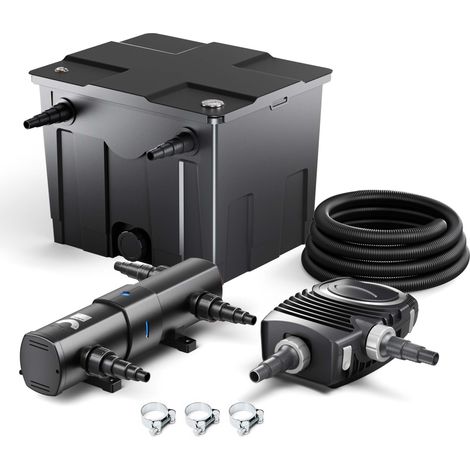 SunSun Komplettset: CBF-350 Teichfilter bis 12000 L Teichfilteranlage Durchlauffilter, NEO8000 Teichpumpe 8000l/h 70W, CUV-236 Teichklärer 36W, 10m Teichschlauch 38 mm, Schlauchschellen W1 44-47mm (1/5)
