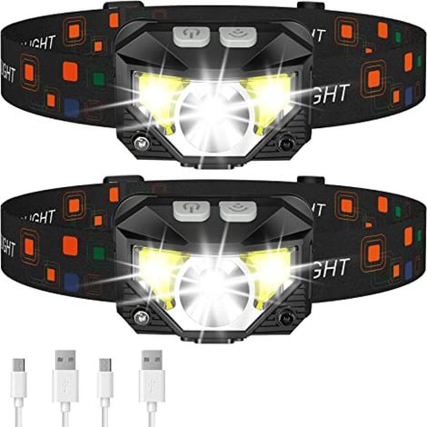 Lampe frontale, lampe torche LED ultra-légère et rechargeable avec lumière blanche et rouge, lot de 2 lampes frontales étanches à détecteur de mouvement, 8 modes d'éclairage pour le camping, la course (1/5)