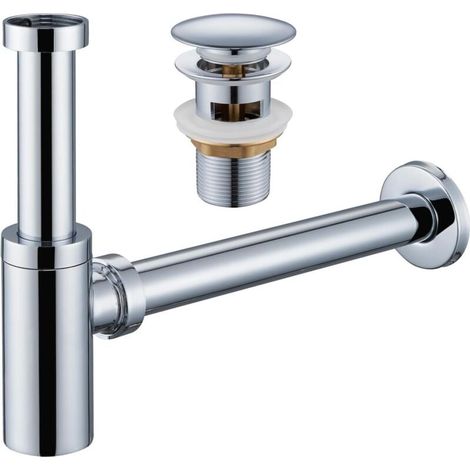 Siphon de lavabo de salle de bain avec bouchon de lavabo - siphon anti-odeur universel, siphon à clic avec trou de trop-plein - siphon avec trou de nettoyage, réglable en hauteur, argent chromé (1/4)