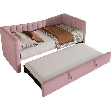 Lit gigogne en velours rose 90x200 cm, canapé-lit avec tiroir couchage, structure MDF, sans matelas (1/5)