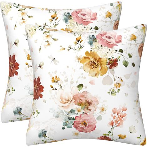 Lot de 2 housses de coussin carrées en velours doux double face avec fleurs colorées pour canapé, lit, extérieur, 45 x 45 cm, rose jaune (1/5)