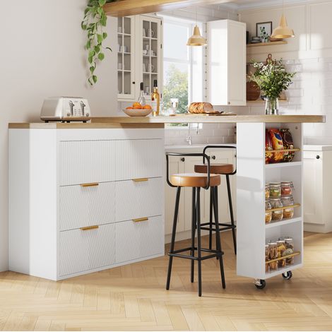 Table haute extensible 128-203x39x90 cm en MDF blanc, 6 tiroirs, gain de place – MEUBLIV (1/5)