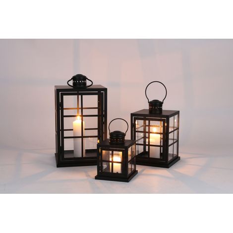 2x Laterne 3er Set, in schwarz aus Metall, als Dekoration für Innen oder als Kerzenhalter für Windlichter, moderne Gartenleuchten, Lampen für Draußen (1/4)