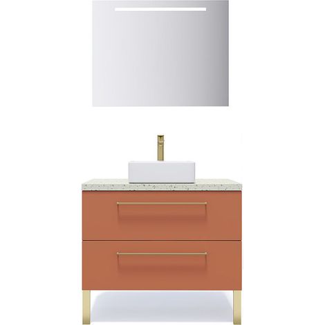 Meuble de salle de bain suspendu vasque à poser 90cm 2 tiroirs Terracotta + miroir - Glasgow (1/5)