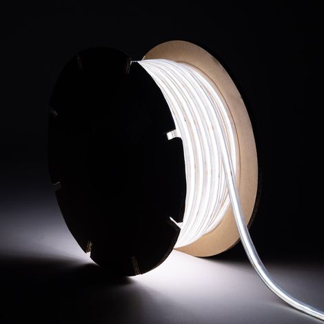 Ruban LED Dimmable 220V COB Auto-redressement 560 LED/m BOBINE 50m 14W/m 1250lm/m SILICONE FLEX IC2 Largeur 10mm Coupe 10cm IP65 6000K Blanc froid