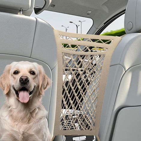 Dog Car Barrier 3 Layers Elastic Mesh Auto Separation Net 4 Sides Seat Organizer Between Front Seats Retractable Storage Bag for Children (Beige) (1/5)