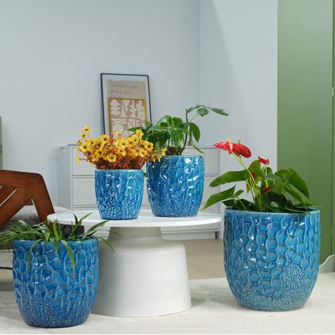 Vaso da fiori in ceramica 23x23x24 cm blu lucido effetto martellato per finestra – MEUBLIV (1/5)