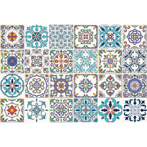 Ambiance Sticker Adhésifs Carrelages Autocollant Ornements Contemporain Carreaux de Ciment Carrelage Sticker Mural Salle de Bain et Cuisine 24 Pièces de 10 x 10 cm (1/4)