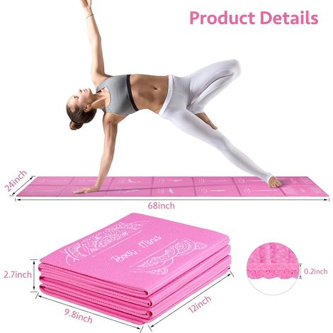 Tappetino yoga pieghevole per donna, tappetino antiscivolo per esercizi, adatto per casa e palestra, inclusa borsa per riporlo, adatto per yoga, pilates e fitness, 173 x 61 cm x 5 mm di spessore, rosa (1/4)