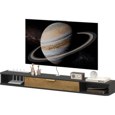 Meuble TV suspendu avec compartiments ouverts, porte rabattable et passe-câbles, 160 x 24 x 16 cm, gris