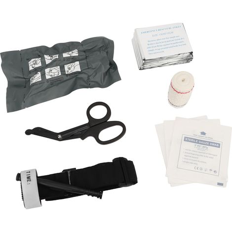 Kit de pansements d'urgence multifonctionnel comprenant un garrot, des ciseaux à bandage israélien, une couverture, une compresse de gaze et une trousse de traumatologie pour les situations d'urgence (1/5)