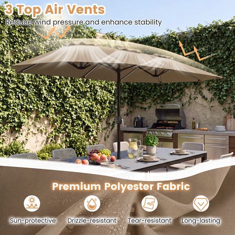 Parasol double marron 13 x 7 pieds avec LED solaires multicolores, 12 modes et manivelle pour terrasse, jardin et patio (1/5)