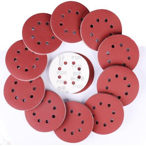 100 discos abrasivos redondos, grano 320, 125 mm, discos de lijado de 8 orificios en varios tamaños, papel de lija para lijadoras orbitales aleatorias (1/5)