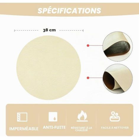 Set De Table - Cuir Synthétique Double Face - Rond 38 Cm - Antidérapant - Lavable - Beige Clair - Lot De 6 (1/5)