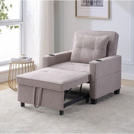 Sillón cama 3 en 1, reclinable, con portavasos y puerto USB, madera y metal gris (1/5)