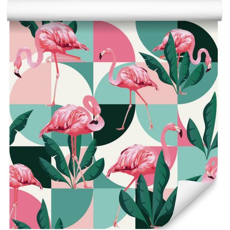 Papel pintado de moda con flamencos rosas y hojas para salón y dormitorio, 50x1000 cm. (1/5)