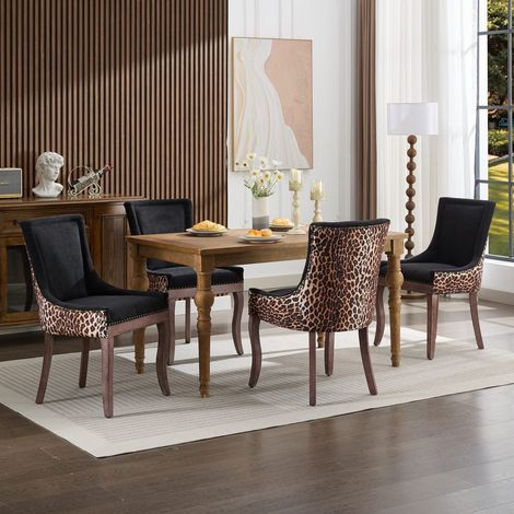 Silla de comedor de chenilla con estampado leopardo, respaldo alto y patas de madera maciza,61×55×92.5cm (1/5)