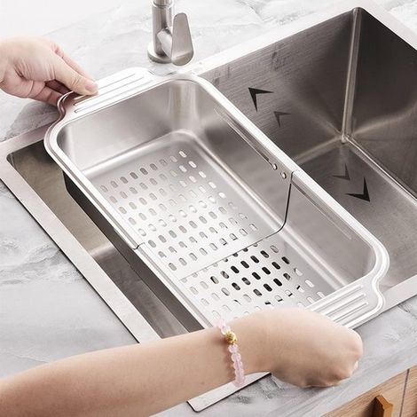 Teleskop-Küchenspülensieb aus Edelstahl,Zum Waschen von Gemüse und Obst,Abgießen von Nudeln und Trocknen von Geschirr,Silber) (1/5)