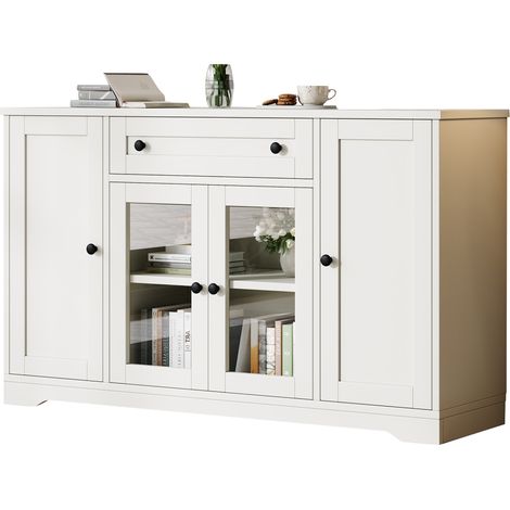 Aparador con 4 Puertas, 2 de Cristal, 1 Cajón y Estantes Ajustables, para Salón o Comedor, MDF Blanco, 138x40x83 cm (1/5)