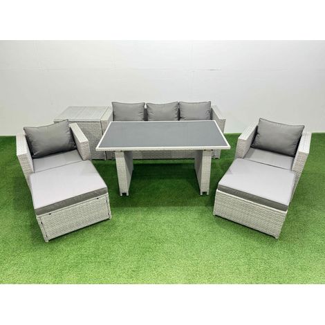 Fimous Patio Garden Furniture Sets with Black Glass Top Dining Table Armchair 3 Seater Sofa Side Table 2 Big Stool Light Grey (1/4)