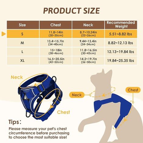 Cat Harness with Lead, Adjustable Soft Harness with Reflective Strips (Dark Blue-S) (1/3)