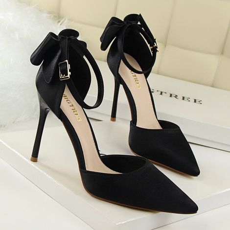 Sandales femme satinées talons aiguilles, style coréen, bout pointu, bride nœud arrière, semelle plate, escarpins ouverts élégants (1/2)