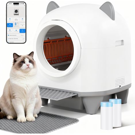 Bac à litière automatique autonettoyant 90L XXL, Contrôle intelligent par application, Système de sécurité anti-pincement, Surveillance de la santé, Double élimination des odeurs, Avec tapis à (1/5)
